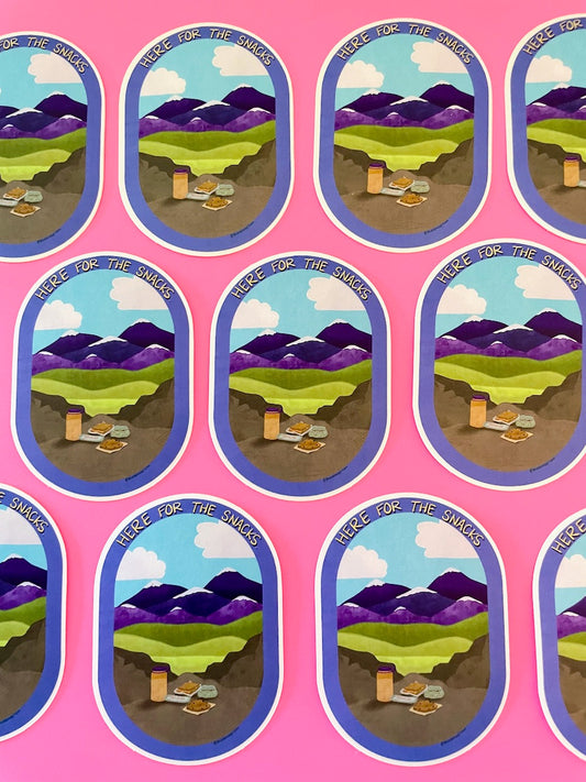 Here for the Snacks Hiking Oval Vinyl Sticker