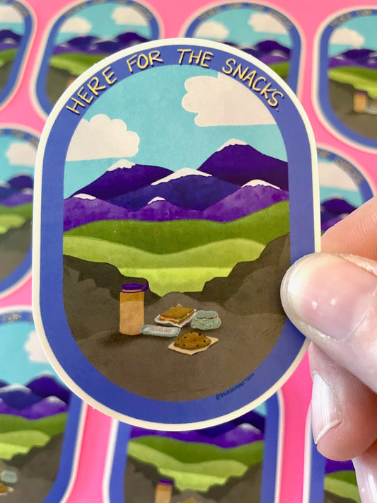 Here for the Snacks Hiking Oval Vinyl Sticker