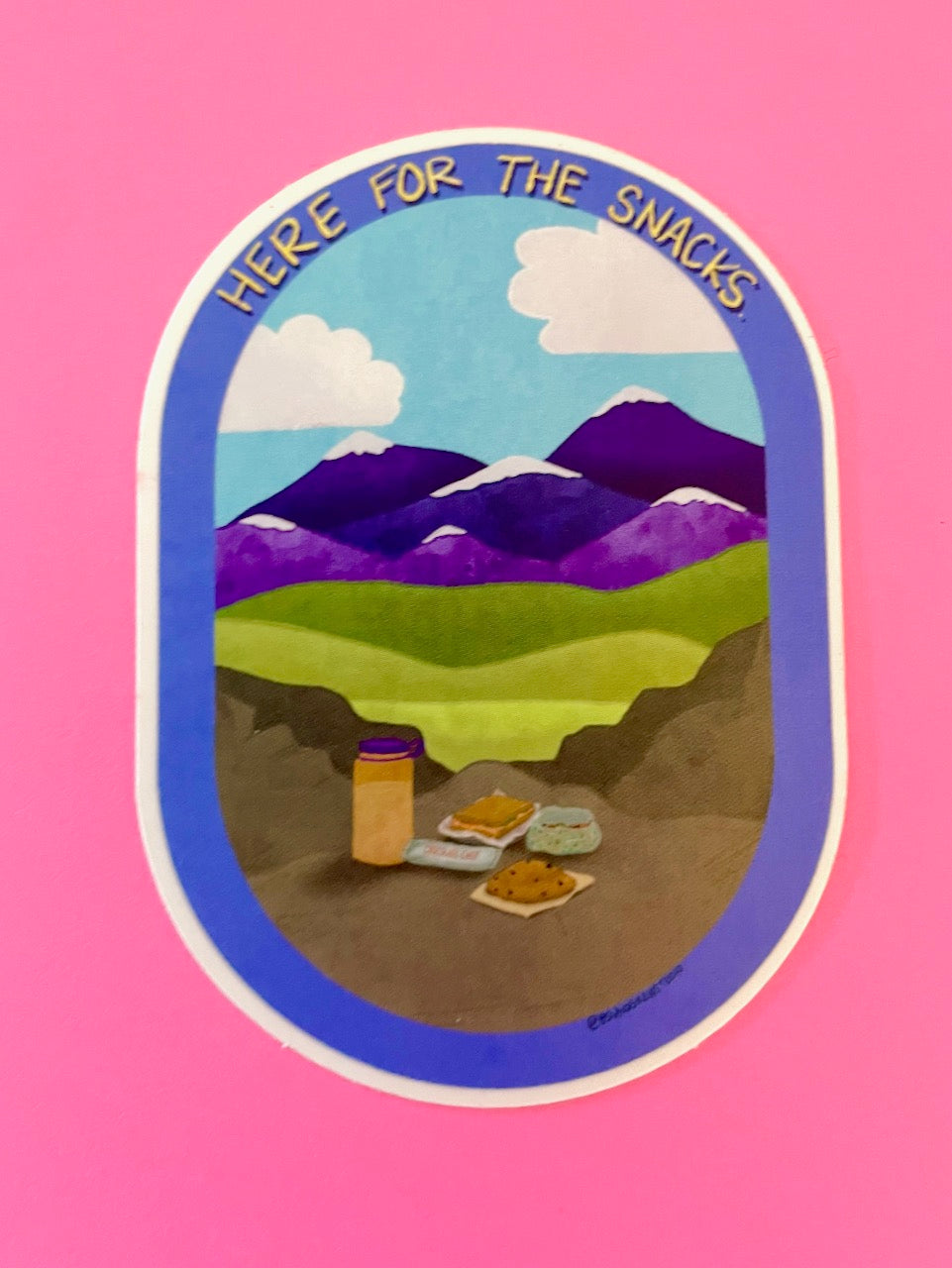 Here for the Snacks Hiking Oval Vinyl Sticker