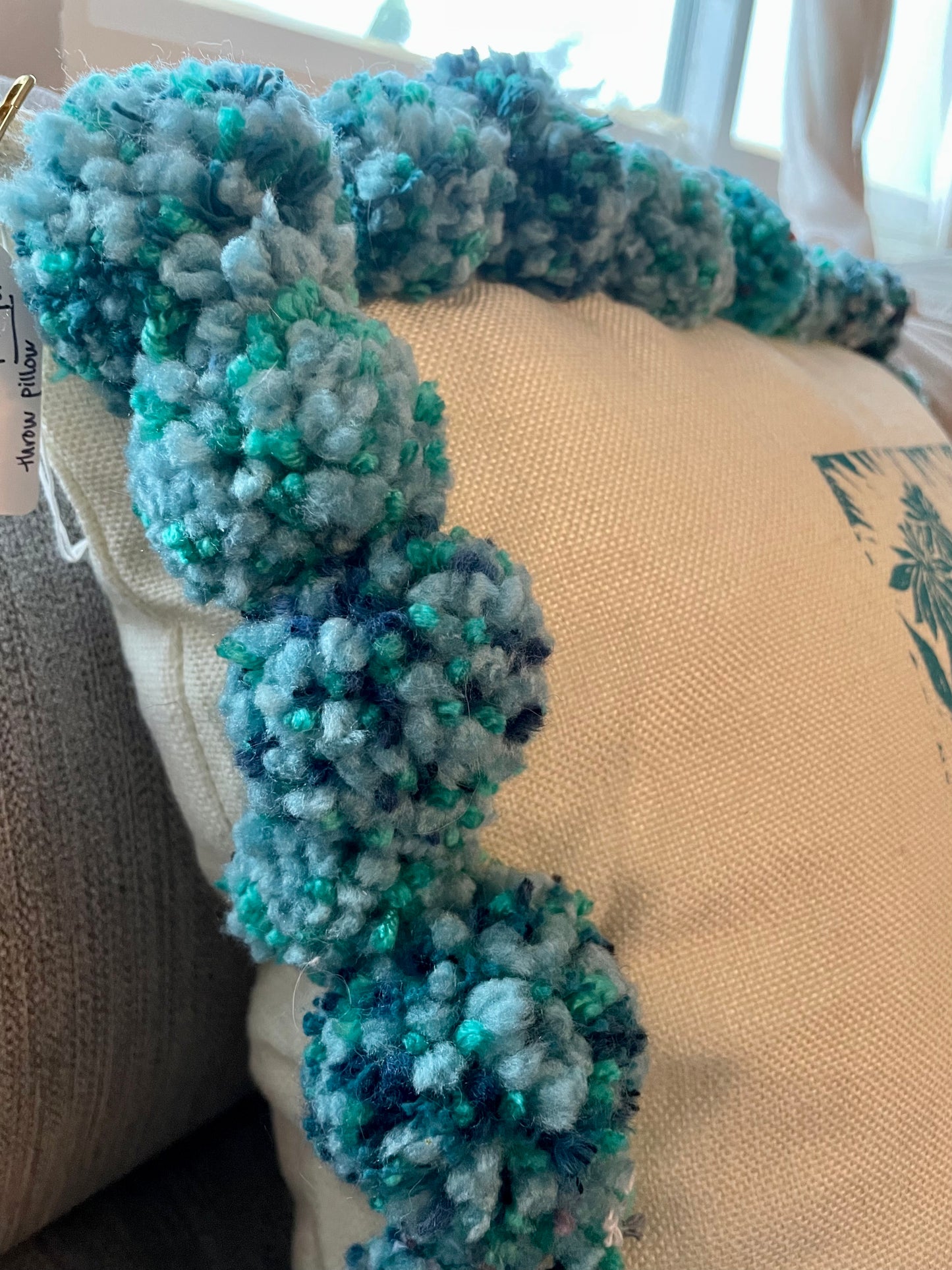 Fragile Masculinity Hand-Printed Teal Pillow with Handmade Pom-Poms